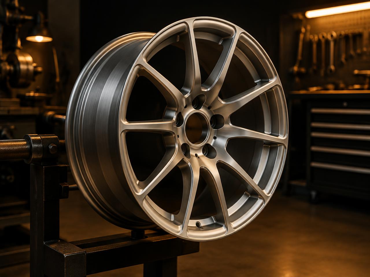 Refinished alloy wheel in the Ajax Tire workshop