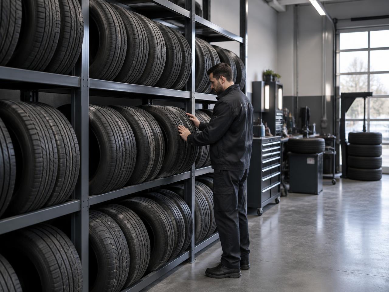 Tires organized on racks at the Ajax Tire shop